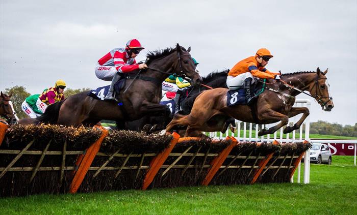 Horses jumping over one of the hurdles